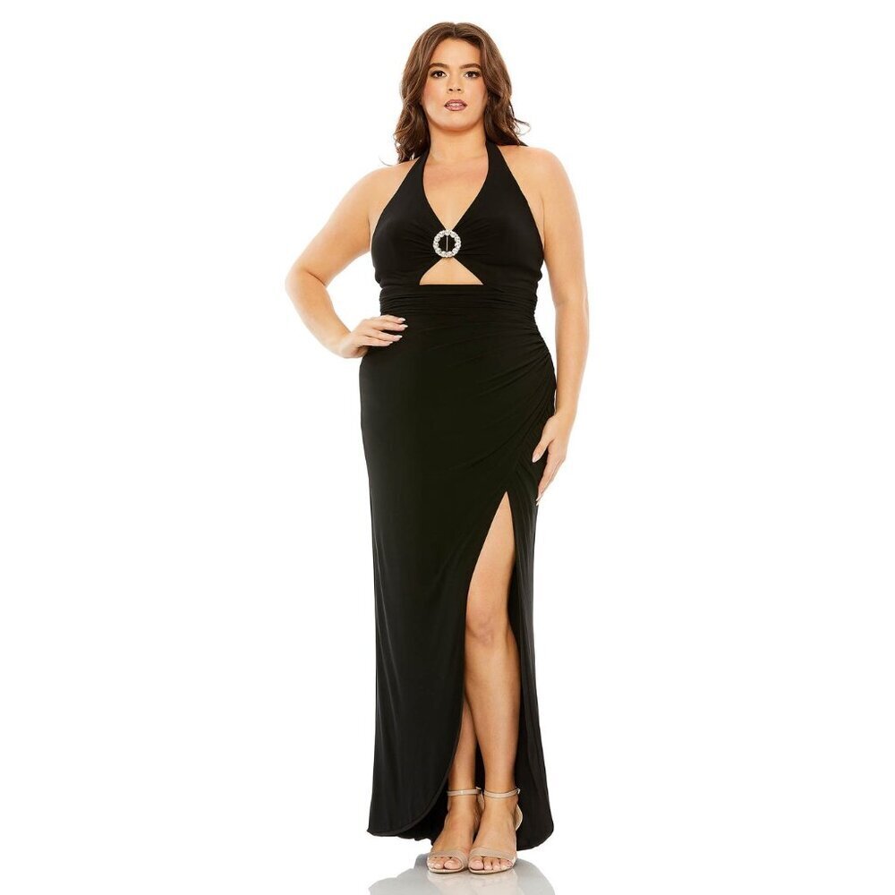 NWT Mac Duggal Halter Tie Keyhole Detail Gown with Slit Black 14W #7670